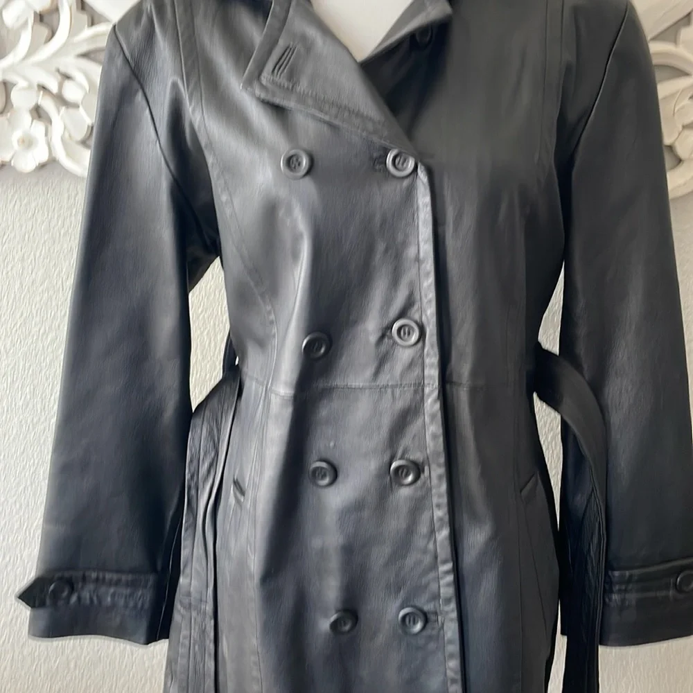 Black Leather Trench Coat with Belt - Picture 3 of 4